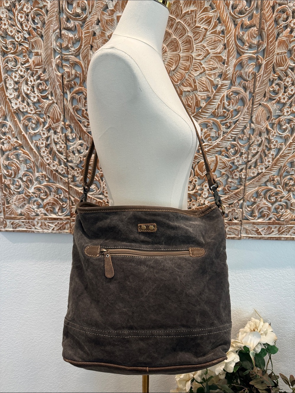Myra Bag Boho Beige & Brown, Cowhide, Cotton, Leather, Crossbody Bag/ Purse - Picture 3 of 12